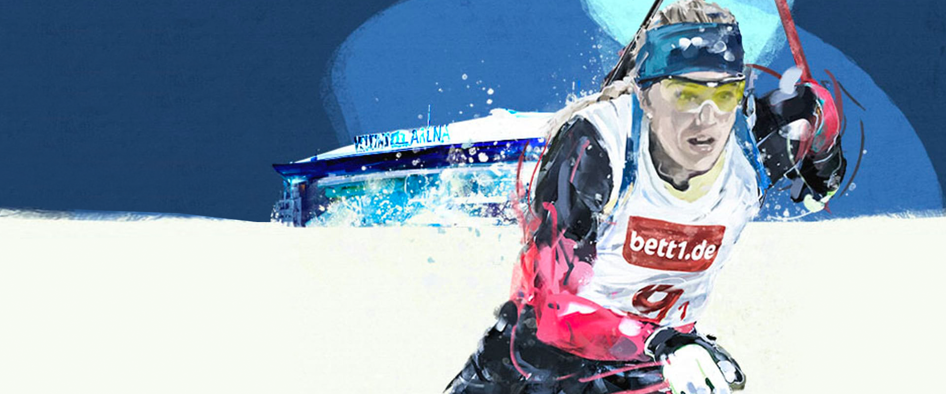 Illustration d’un biathlète en plein effort, portant une combinaison avec logo bett1.de sur la poitrine.