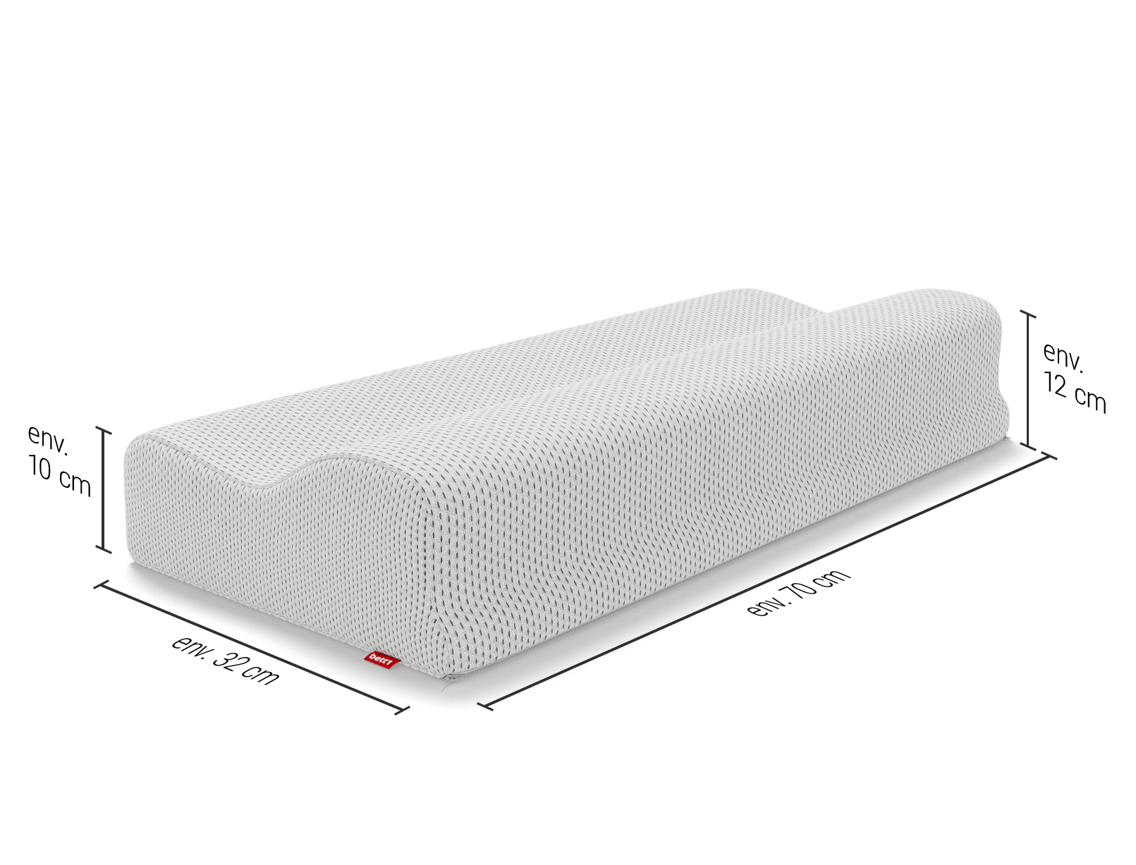 Oreiller ergonomique BODYGUARD®, dont les dimensions sont indiquées sur les côtés : 72 x 32 x 10-12 cm (L x L x H)