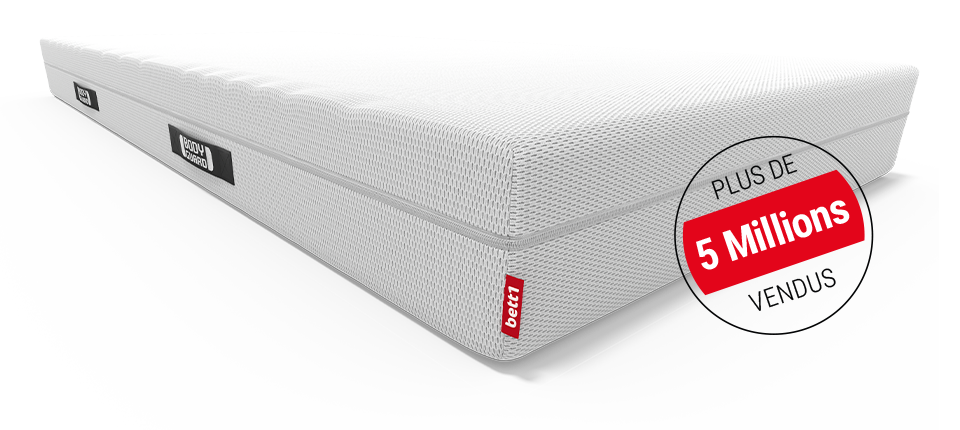 Matelas BODYGUARD® anti-cartel : zoom sur l'âme du matelas avec le texte moyennement ferme/plus ferme; un pictogramme montre un matelas avec une flèche et un texte : retournez-le matelas 2 en 1