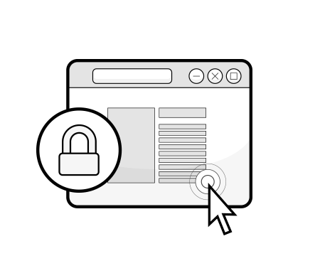  Illustration: ein Browserfenster, auf das ein Mauspfeil zeigt, und ein rundes Symbol mit einem Hängeschloss davor.