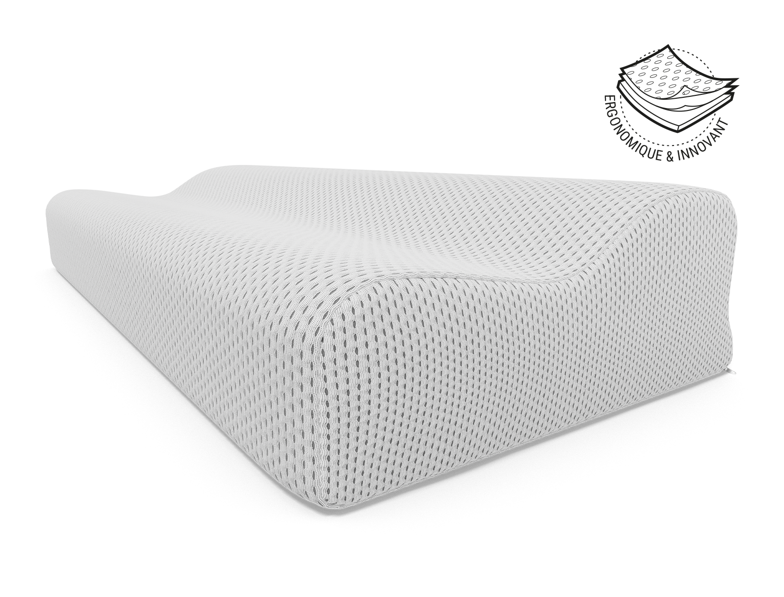 Oreiller ergonomique BODYGUARD®. À côté se trouve l'illustration de la housse du coussin en trois couches avec le texte : ergonomique et innovant.