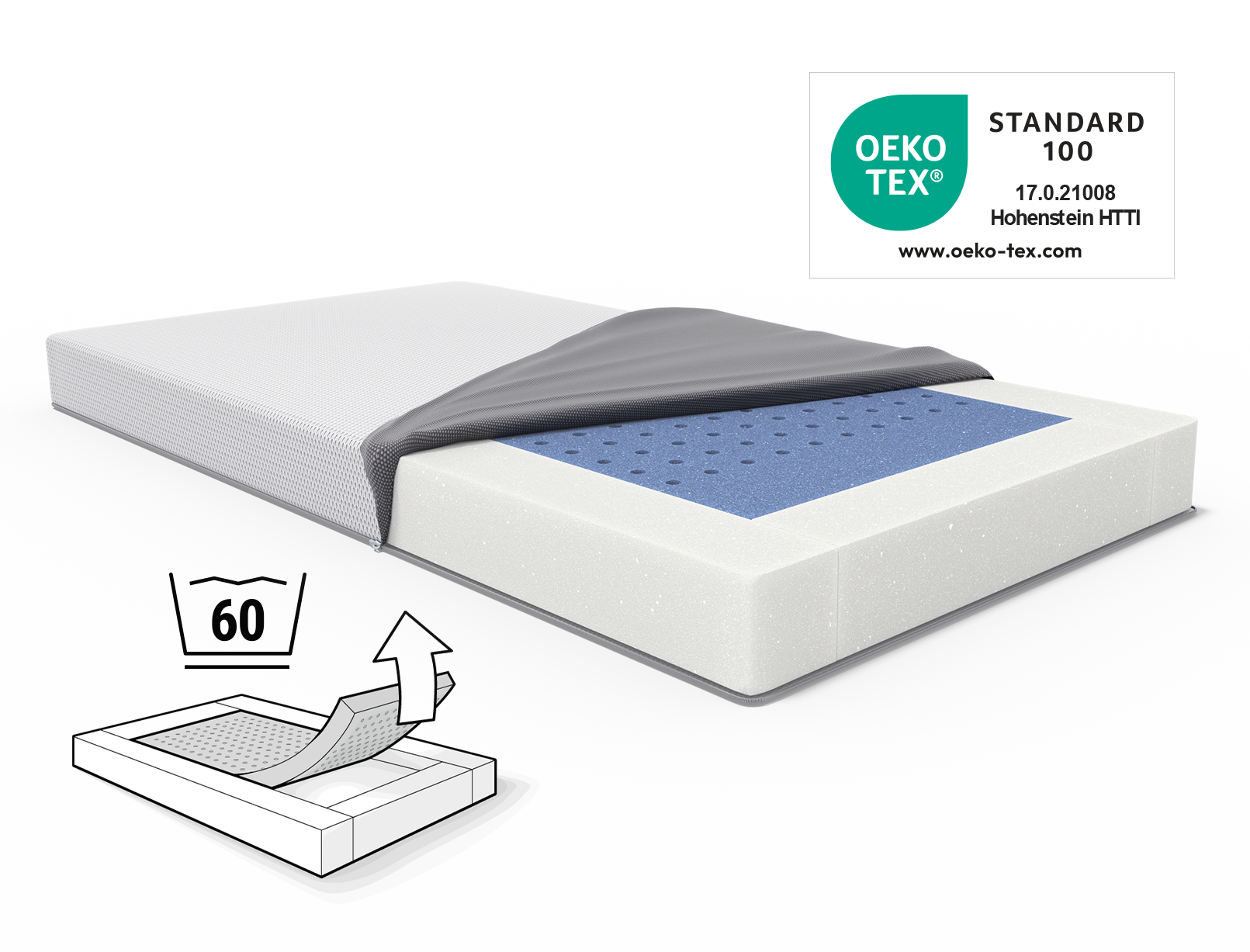 Matelas pour enfants avec housse de matelas repliée. Label Oeko-Tex®. Illustration du matelas pour enfants avec sigle de lavage à 60