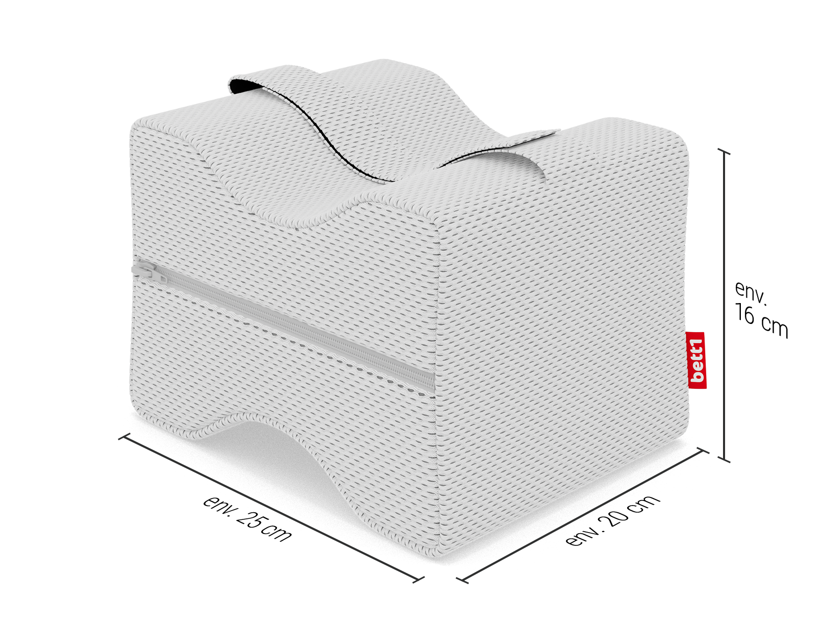 Coussin de genoux BODYGUARD®, dont les dimensions sont indiquées sur les côtés : 25 x 20 x 16 cm (L x L x H)
