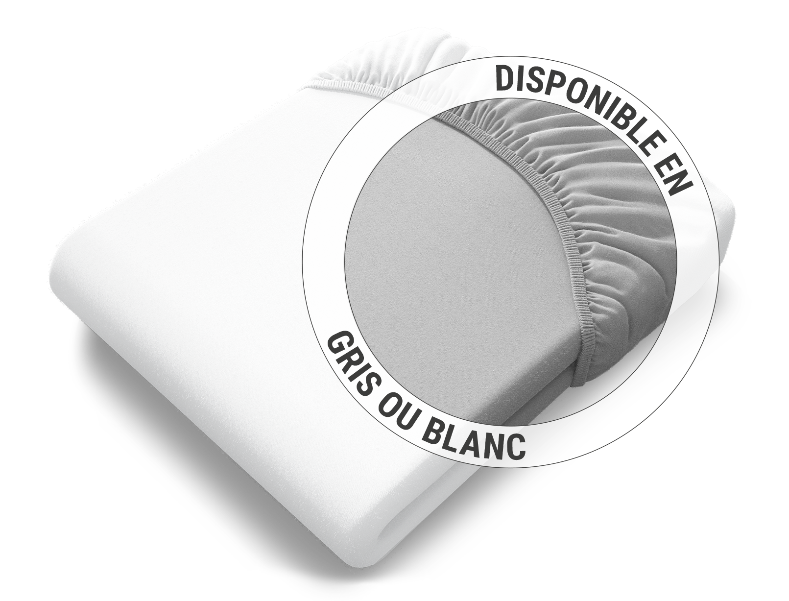 Le drap housse en jersey BODYGUARD® plié en blanc : Zoom sur le drap en version argentée. Texte : Disponible en gris ou blanc