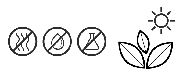 Illustration: Nebeneinander angeordnet sind stilisierte Symbole: eine Pflanze unter einer Sonne. Daneben durchgestrichen: ein Erlenmeyerkolben, ein Wassertropfen, drei gewellte Linien.