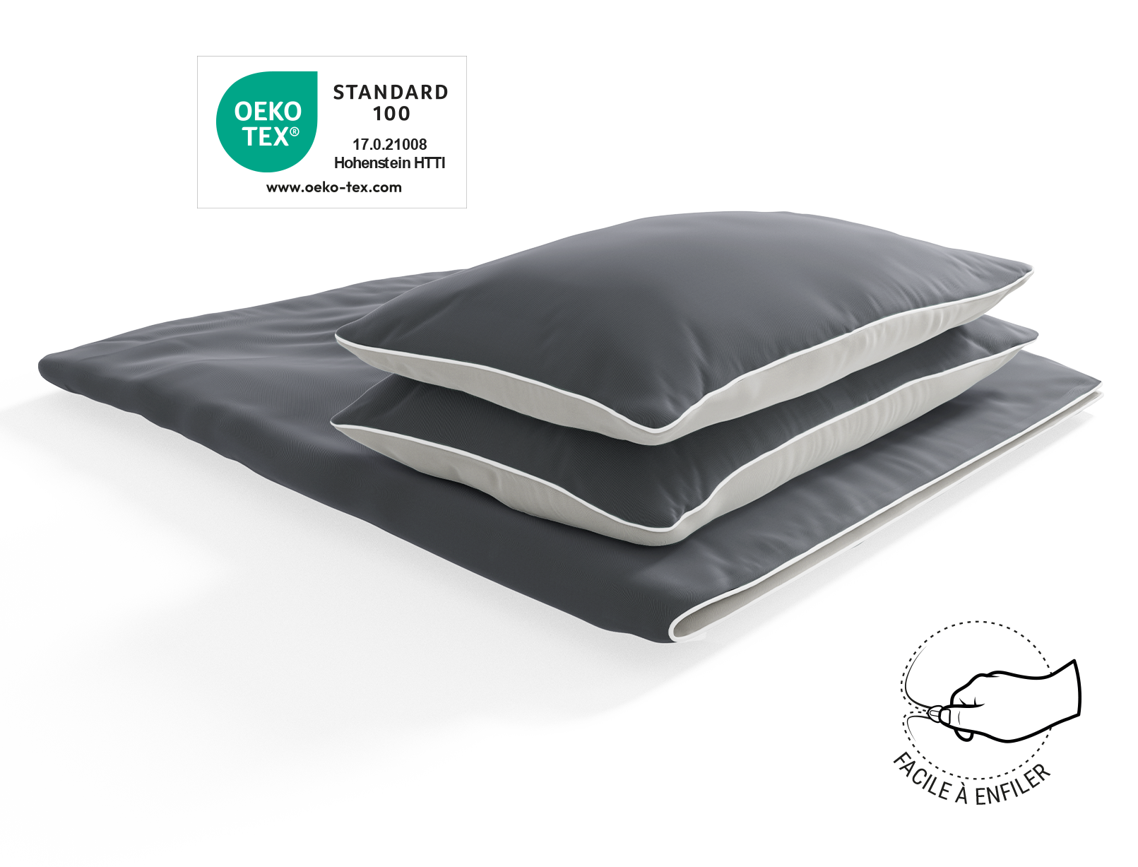 Le linge de lit en satin BODYGUARD® est posé sur une couette pliée avec un oreiller dessus. Le label Oeko-Tex®. Illustration d'une main qui ferme une fermeture éclair. Texte : facile à enfiler
