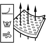 Illustration : Des flèches pénètrent les pores d'un morceau de la housse HyBreeze®. À côté se trouvent trois symboles : une fermeture éclair qui s'ouvre, un symbole de blanchisserie et des lignes incurvées pour le séchage à l'air libre.