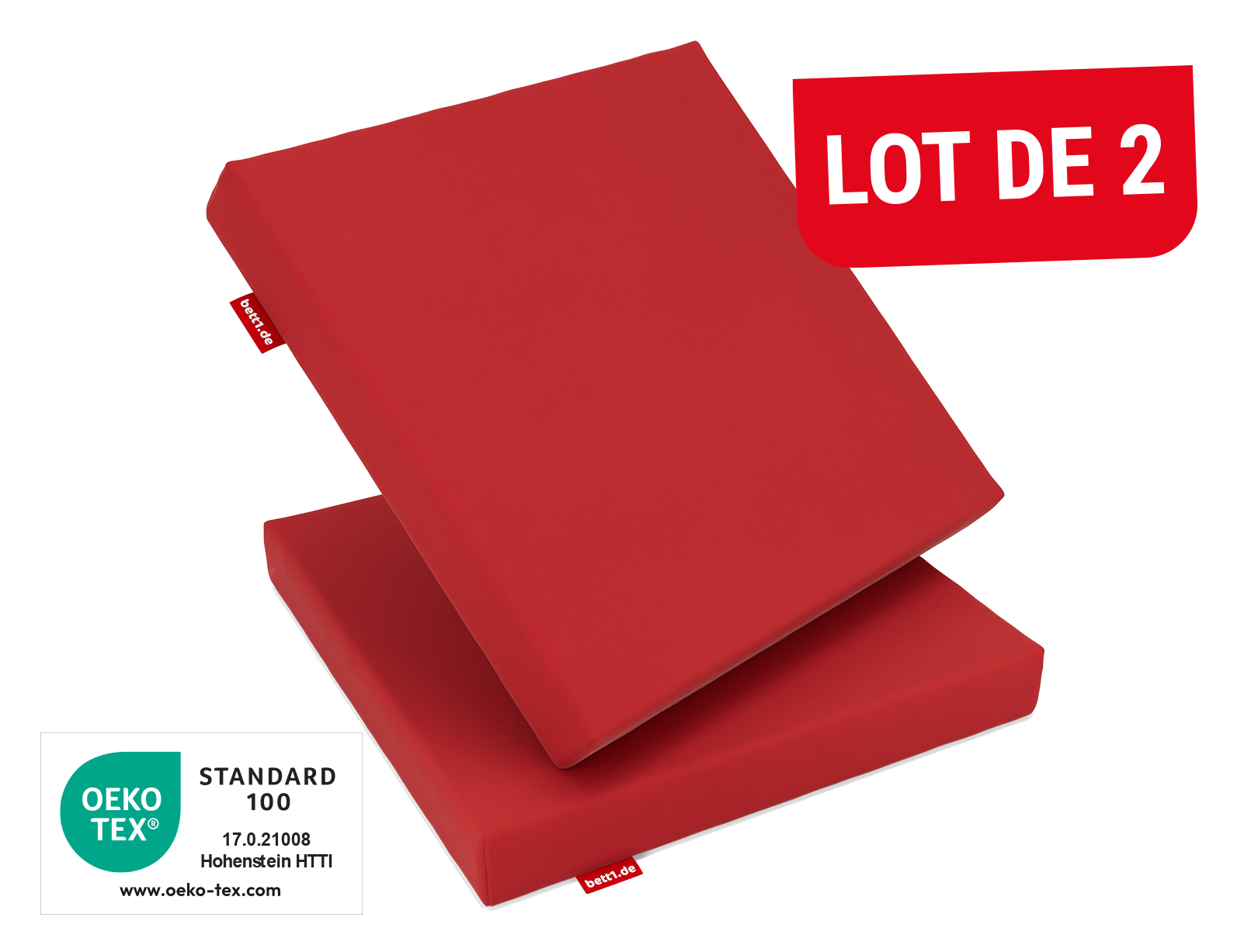 2 coussins d'assise rouges empilés avec effet déperlant visible grâce à des gouttes d’eau en surface avec un badge rouge "lot de 2".