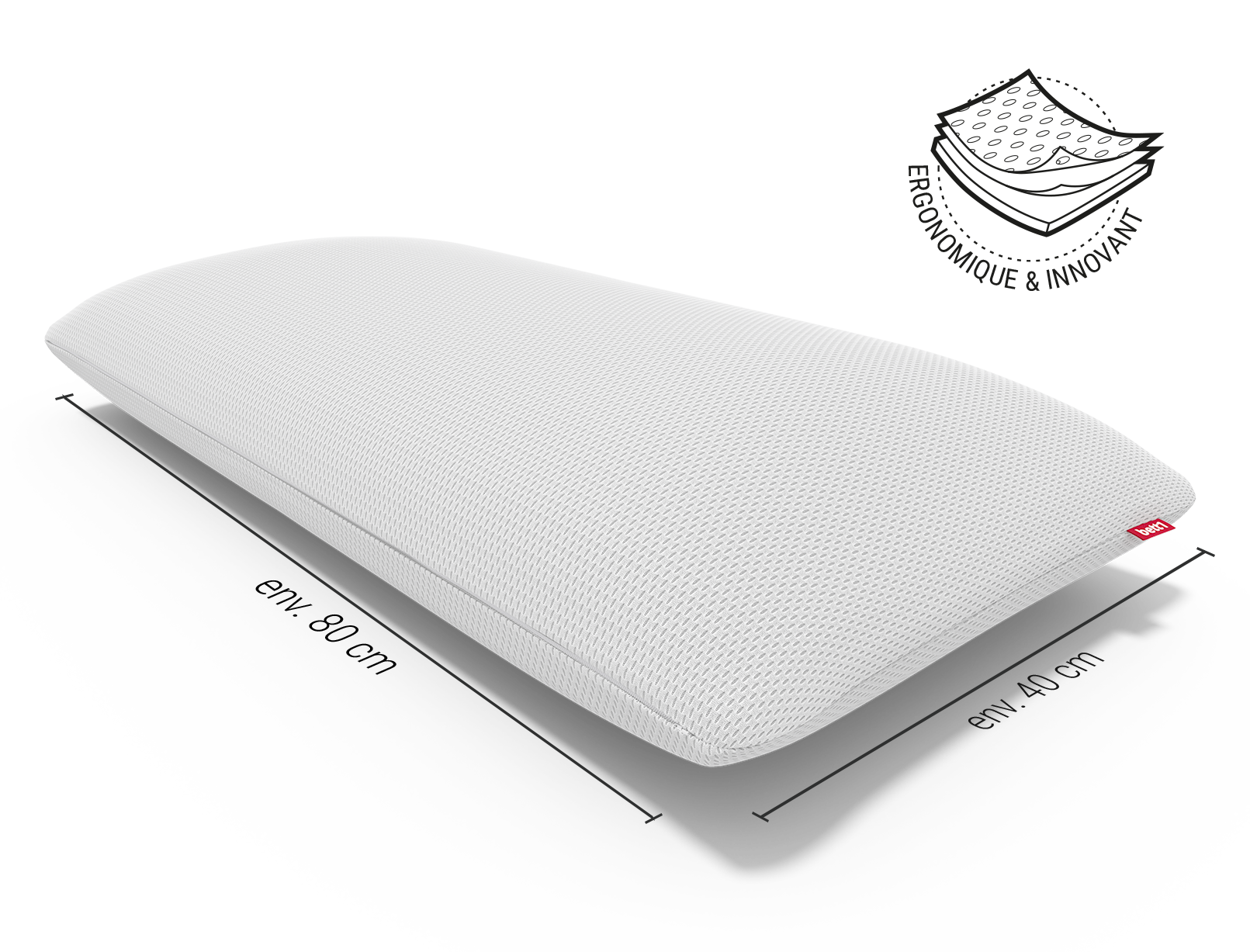 2 oreillers viscoélastique BODYGUARD® en 2 tailles différentes. Texte : Disponible en 40x80 cm et 40x40 cm
