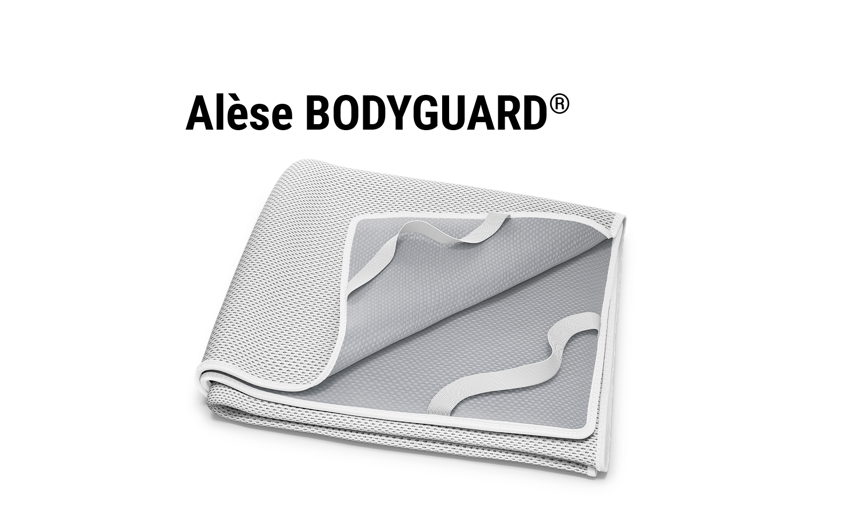 Surmatelas BODYGUARD® HyBreeze® replié, montrant les élastiques de fixation sur l’envers.