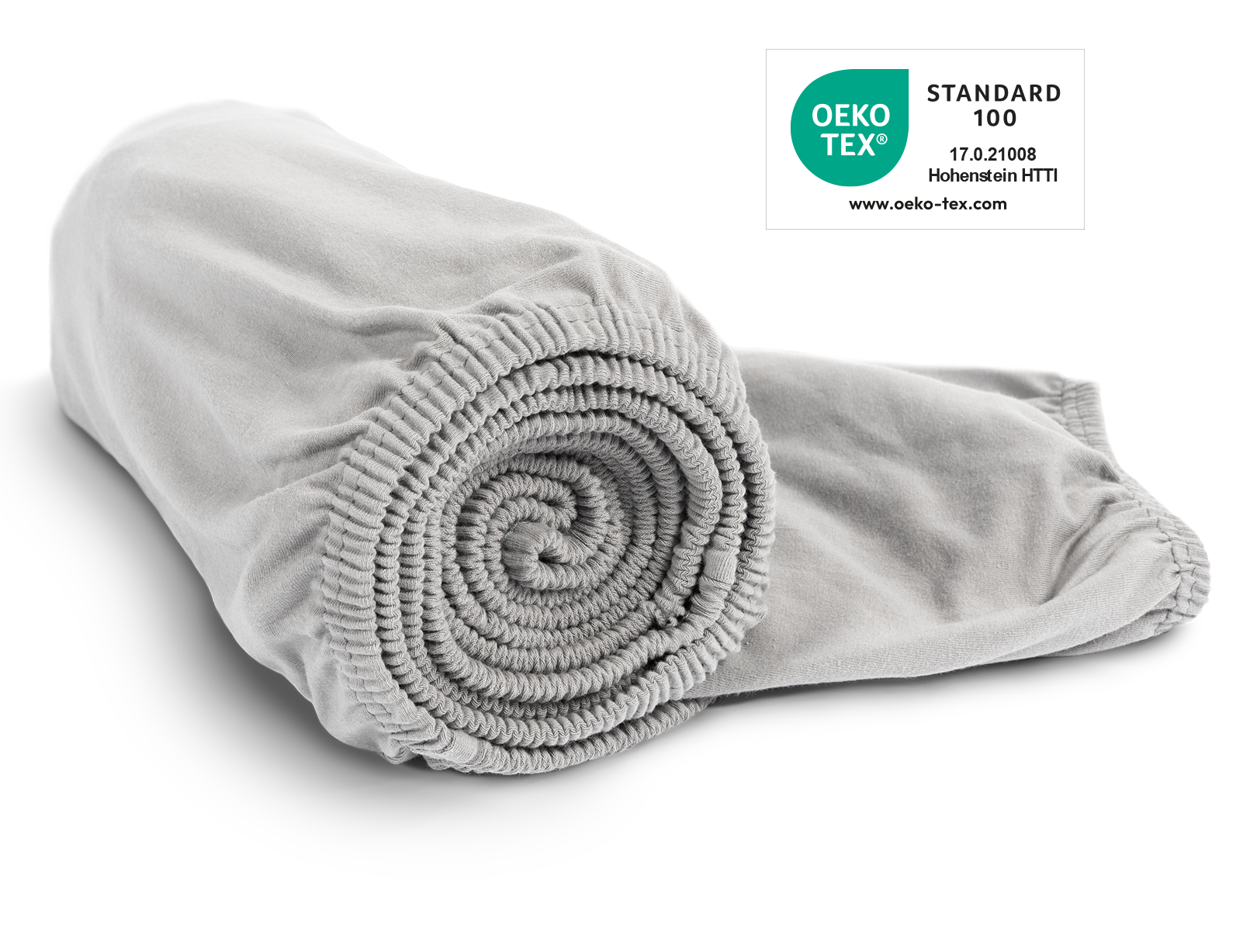 Le drap-housse en jersey BODYGUARD® en gris enroulé. Le label Oeko-Tex® Standard 100