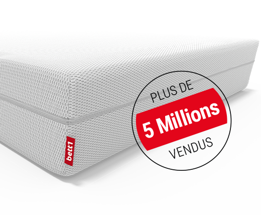 Matelas BODYGUARD® anti-cartel : zoom sur l'âme du matelas avec le texte moyennement ferme/plus ferme; un pictogramme montre un matelas avec une flèche et un texte : retournez-le matelas 2 en 1