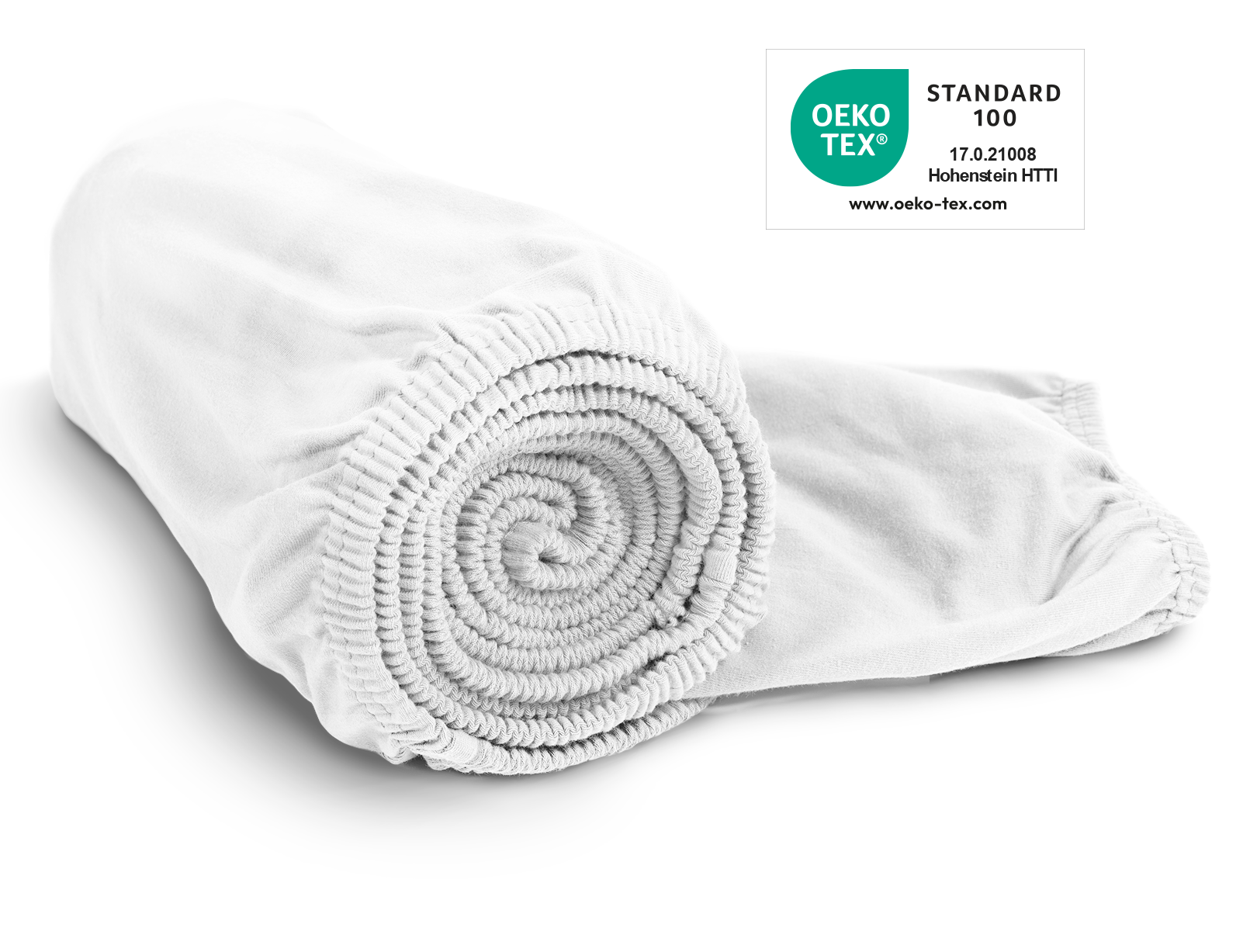  Le drap-housse en jersey BODYGUARD® blanc enroulé. Le label Oeko-Tex® Standard 100