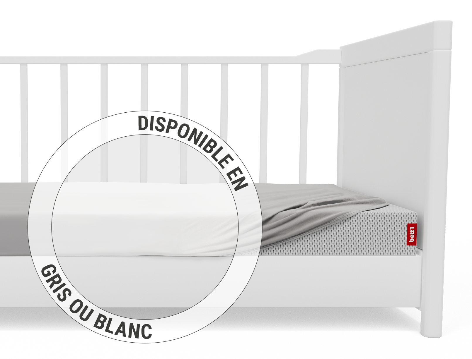 Le drap housse enfant BODYGUARD® tendu sur le matelas enfant BODYGUARD® dans un lit d'enfant. Zoom sur le drap dans sa version blanche. Texte : Disponible en gris ou blanc