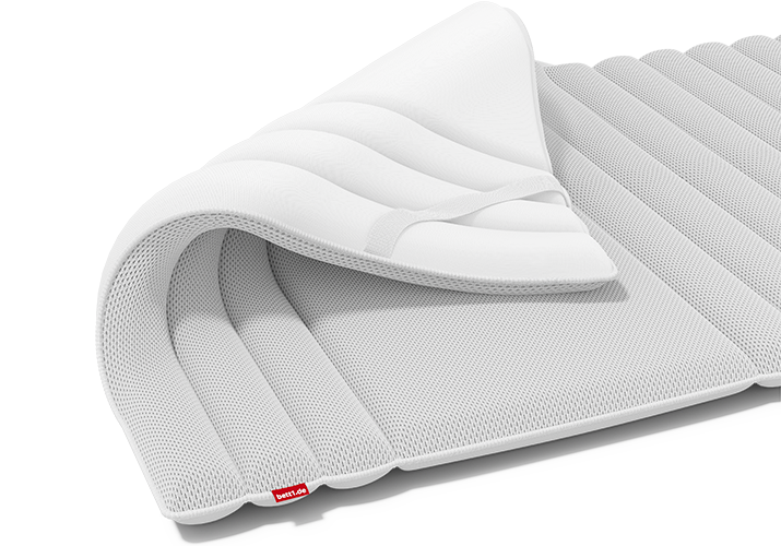 Surmatelas BODYGUARD sur le matelas BODYGUARD. Deux flèches en forme de cercle mettent les élastiques de maintien en avant