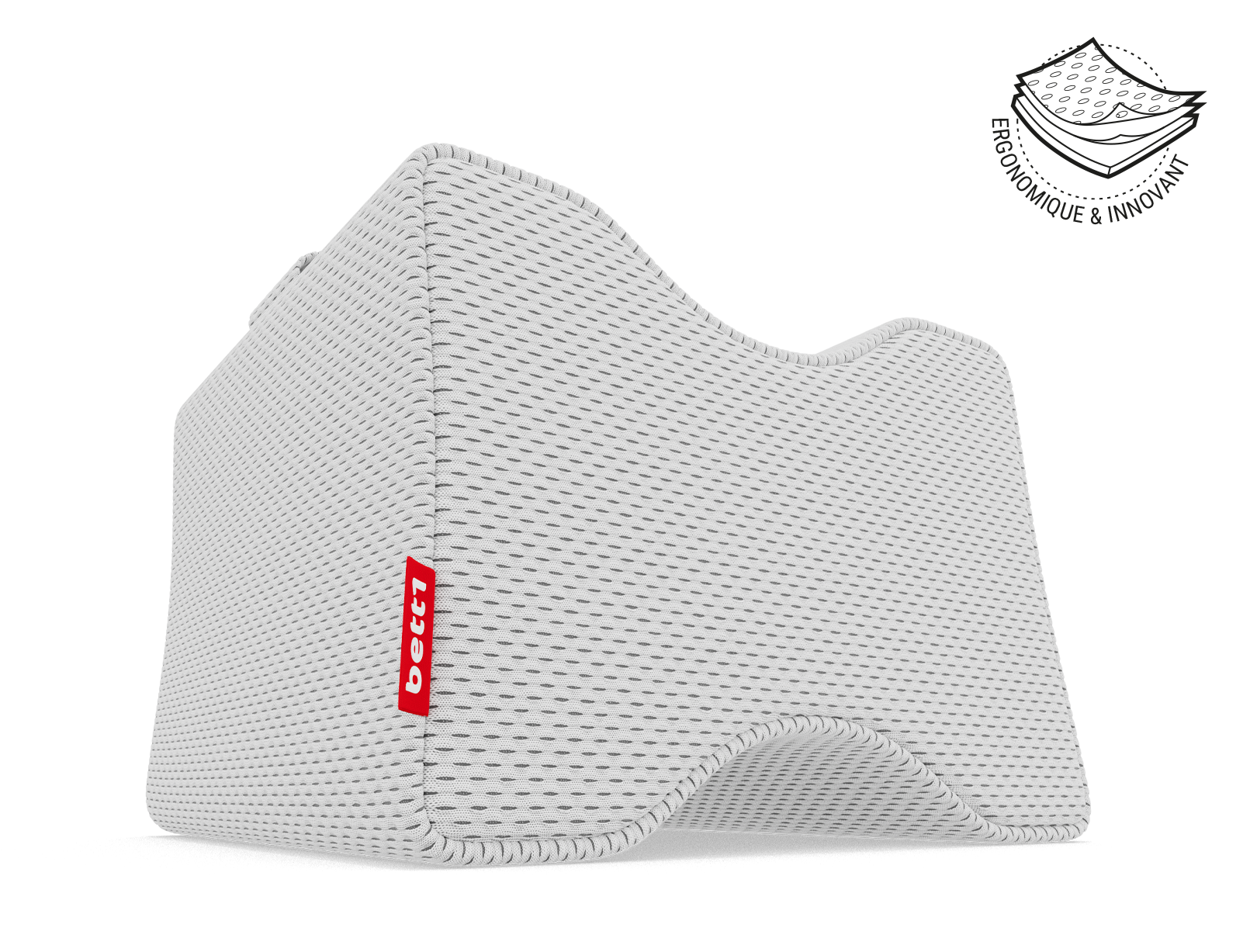 Coussin de genoux BODYGUARD®. À côté se trouve l'illustration de la housse du coussin en trois couches avec le texte : ergonomique et innovant.