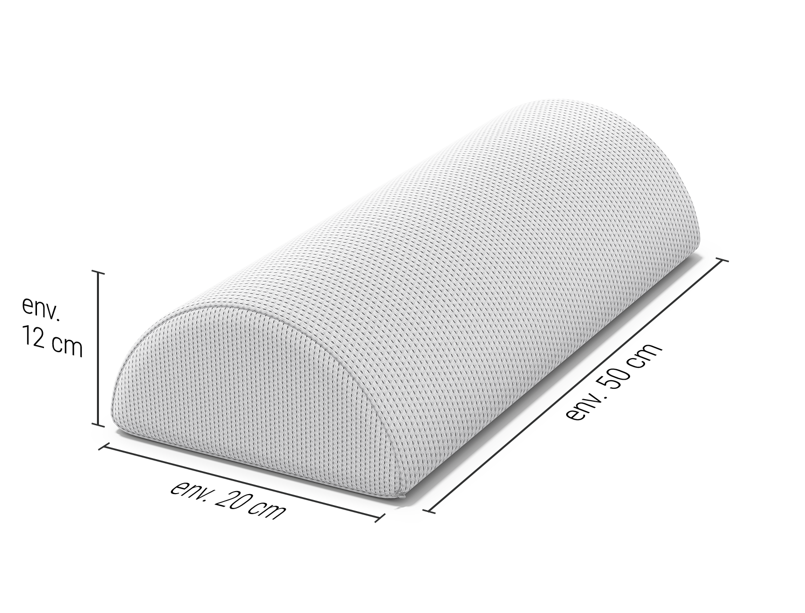 Traversin BODYGUARD® dont les dimensions sont indiquées sur les côtés : 50 x 20 x 12 cm (L x L x H)