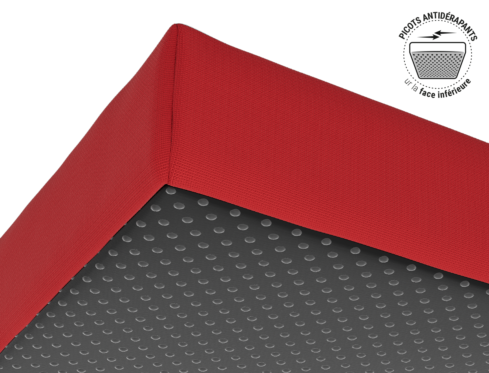 Vue sur la face inférieure du coussin de chaise rouge avec picots antidérapants. 