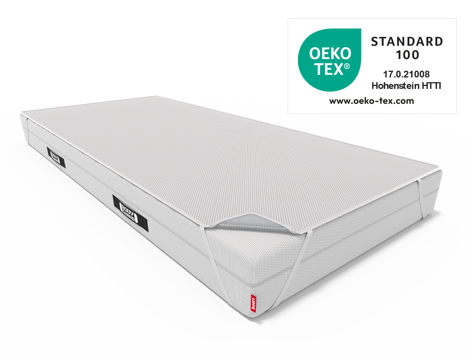 Alèse BODYGUARD® sLa protection contre l'incontinence BODYGUARD® est fixée sur le matelas BODYGUARD® à l'aide des sangles de fixation, à côté du label Oeko-Tex® Standard 100.