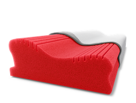 Oreiller ergonomique Bodyguarddéhoussé faisant apparaitre la mousse rouge