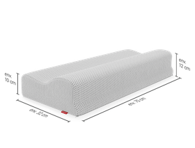 Oreiller ergonomique BODYGUARD®, dont les dimensions sont indiquées sur les côtés : 72 x 32 x 10-12 cm (L x L x H)