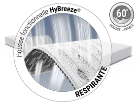 Matelas enfant BODYGUARD® Zoom sur la housse du matelas. Texte de l'article : Housse fonctionnelle HyBreeze®/respirante. Illustration : des flèches traversent les pores d'un morceau de tissu.