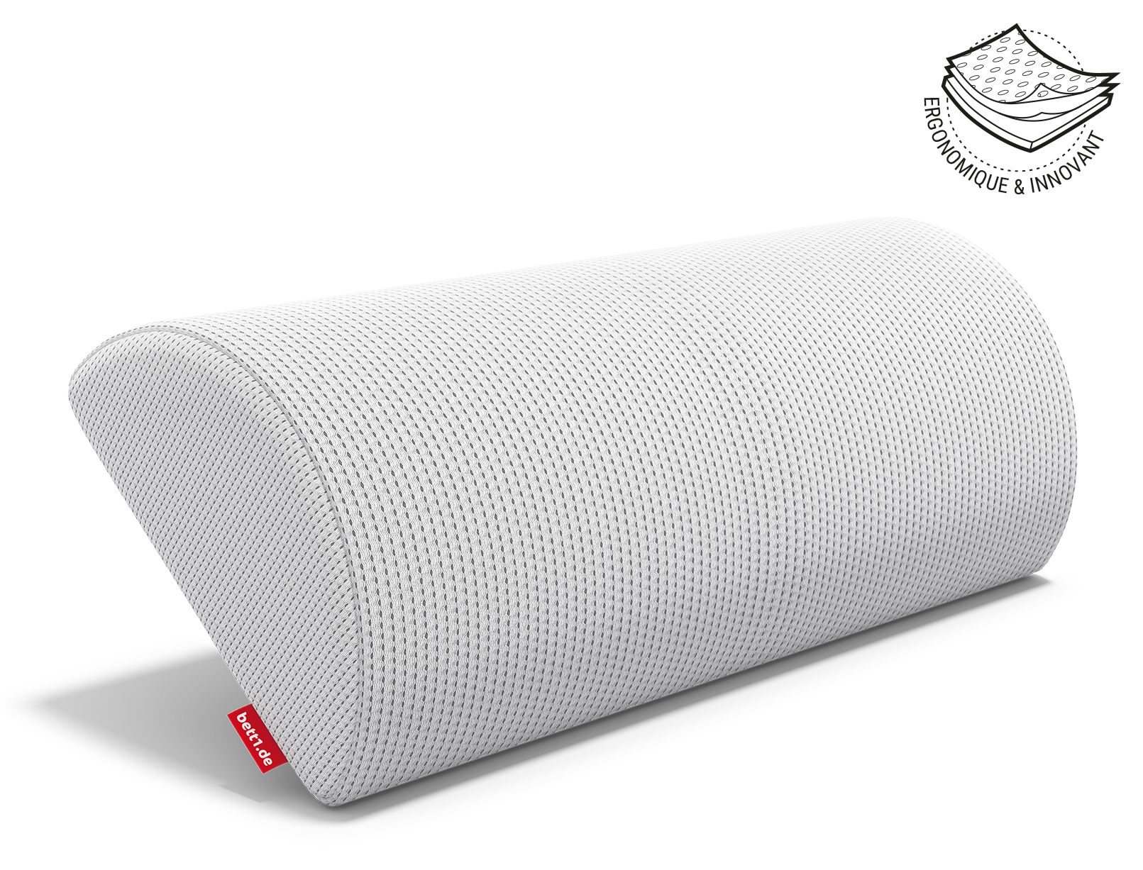 Le traversin BODYGUARD® est placé à la verticale et en équilibre sur son côté mince. À côté se trouve l'illustration de la housse du coussin en trois couches avec le texte : ergonomique et innovant.