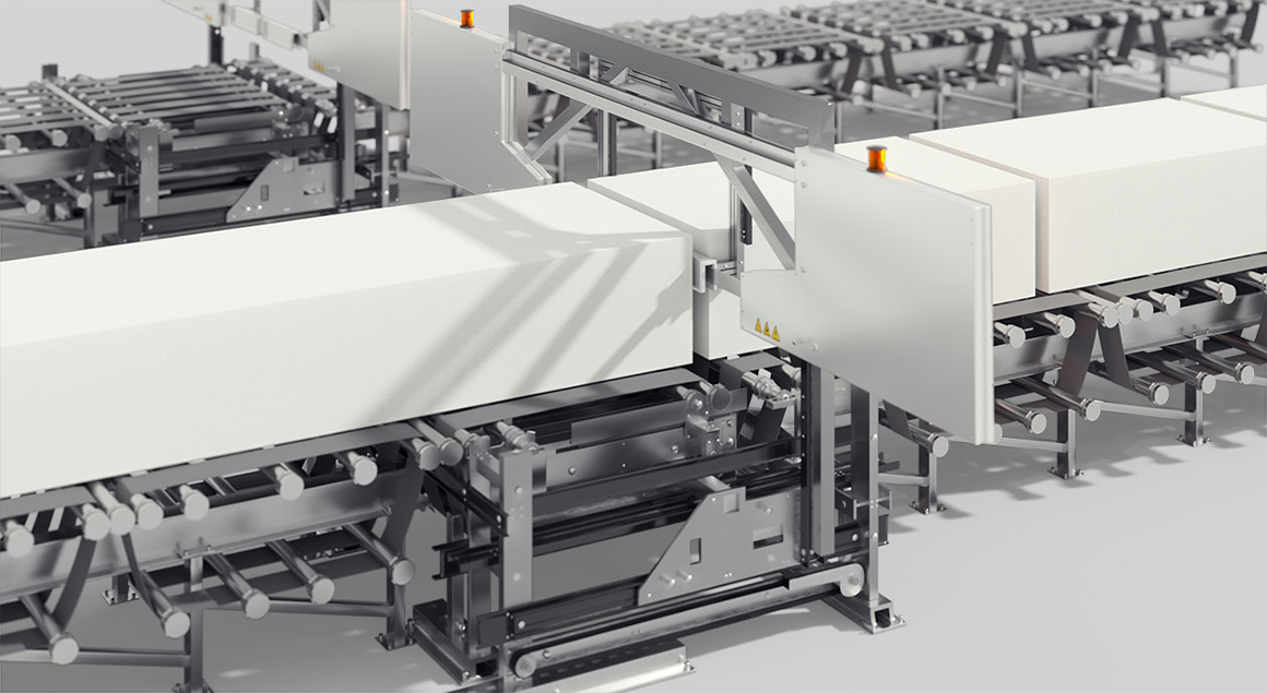 Chaîne de production automatisée de matelas, montrant des machines industrielles découpant et manipulant des blocs de mousse.