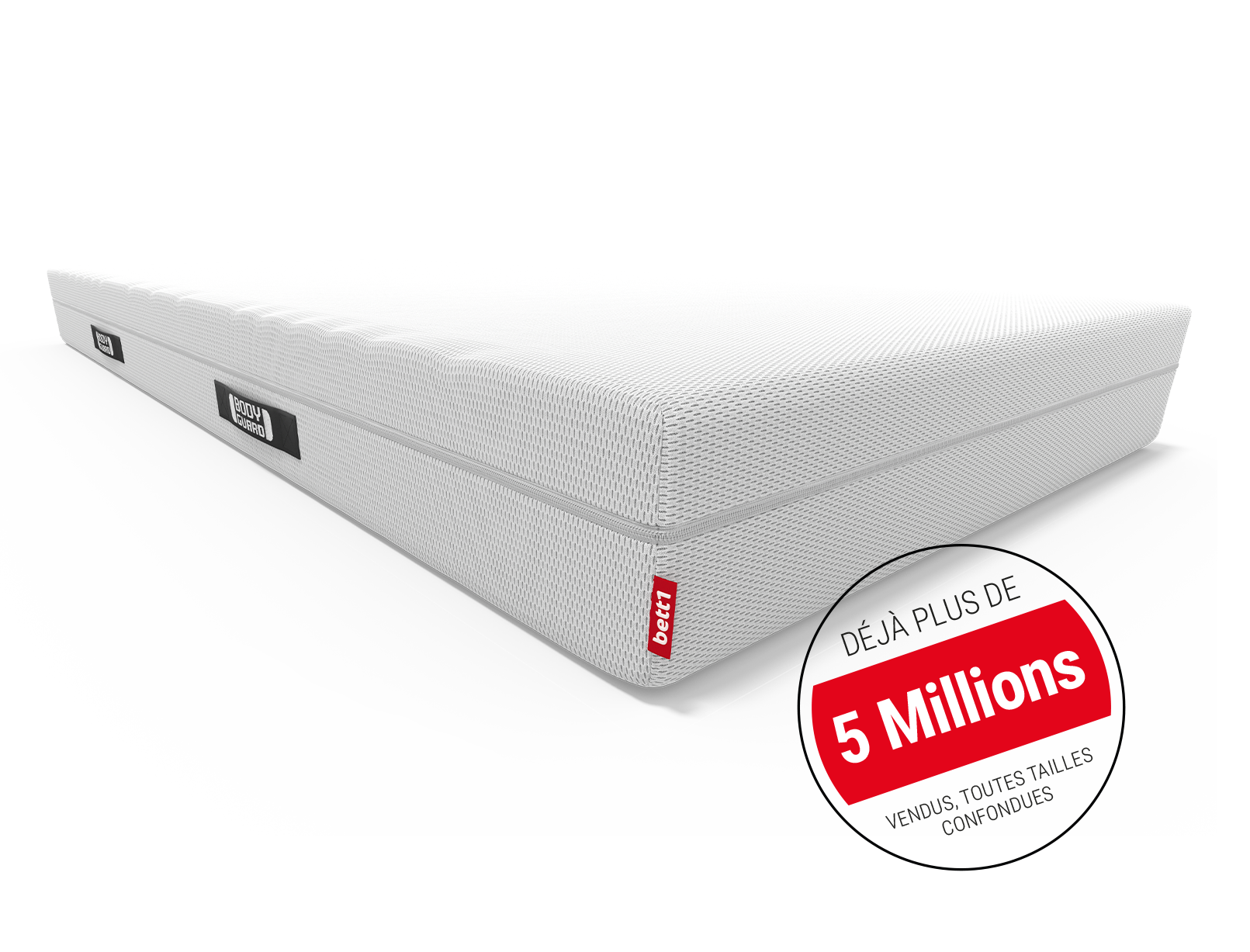 Matelas BODYGUARD® anti-cartel : zoom sur la poignée. Une pastille avec texte : plus de 5 millions vendus.. En haut à gauche : la carte de l'Allemagne aux couleurs noir rouge jaune et texte : Made in Germany