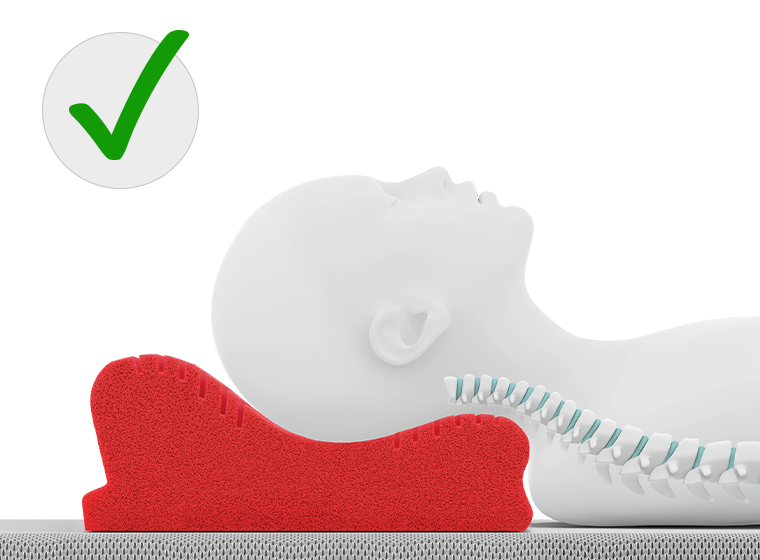 Illustration : mannequin allongé sur le côté repose sur un oreiller ergonomique rouge. La tête, le cou et la colonne vertébrale sont alignés. Un grand symbole de validation vert apparaît en haut à gauche.