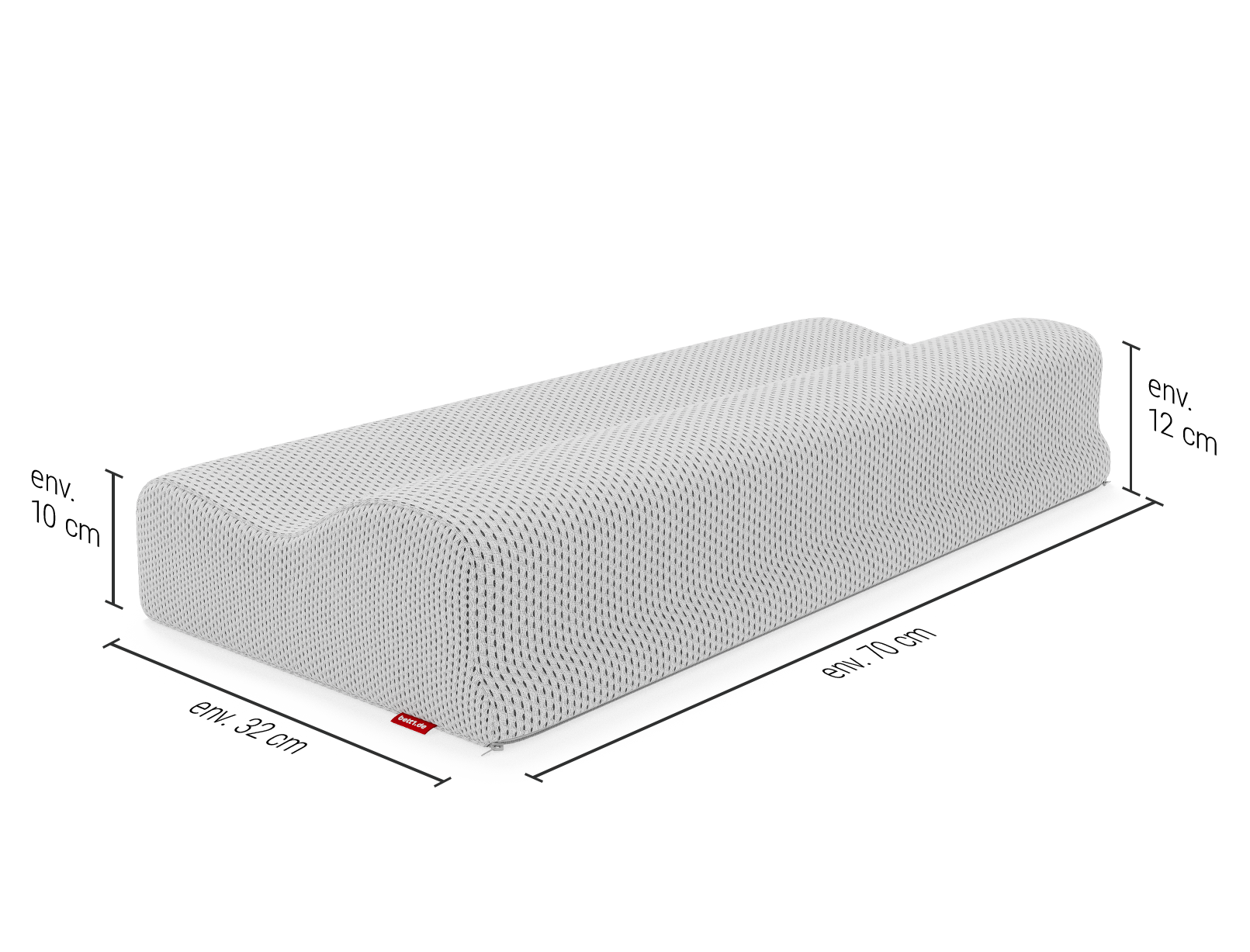 Oreiller ergonomique BODYGUARD®, dont les dimensions sont indiquées sur les côtés : 72 x 32 x 10-12 cm (L x L x H)
