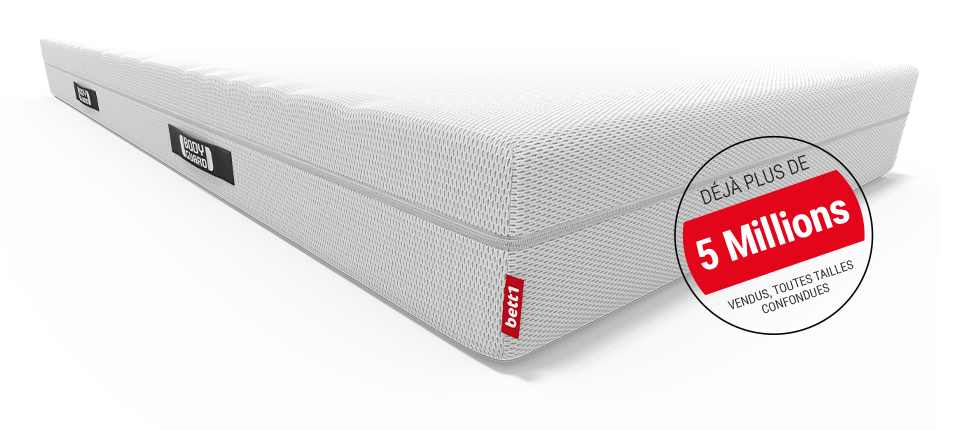 Matelas BODYGUARD® anti-cartel : zoom sur l'âme du matelas avec le texte moyennement ferme/plus ferme; un pictogramme montre un matelas avec une flèche et un texte : retournez-le matelas 2 en 1