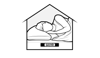 Illustration : dans une maison symbolisée, une personne dort sur un matelas BODYGUARD®.