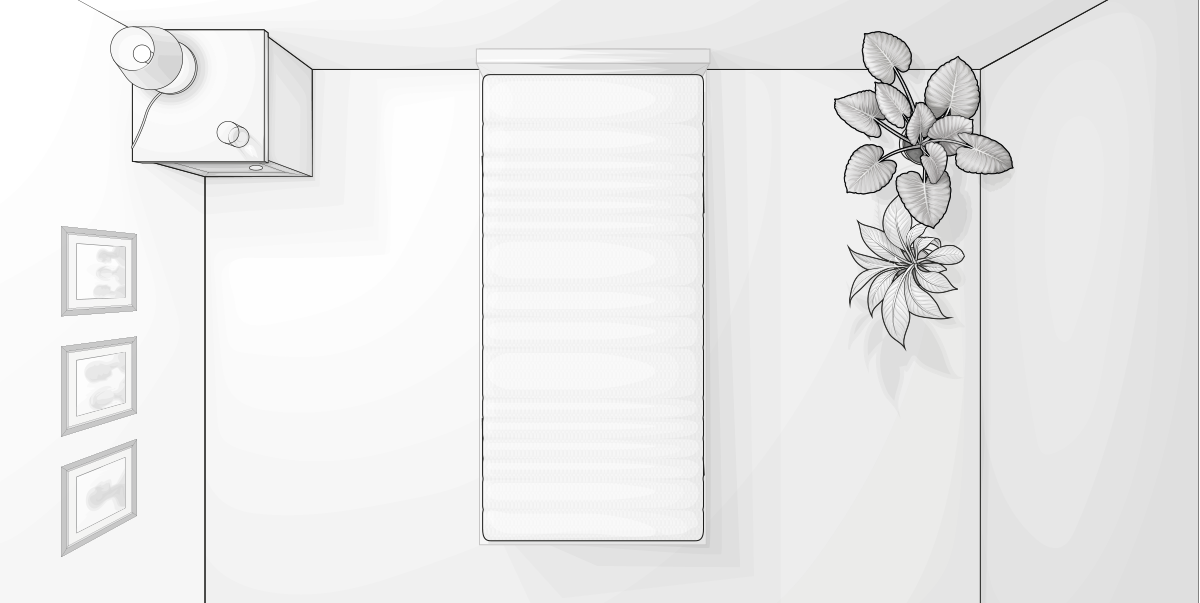 Illustration : Vue plongeante sur une chambre avec un lit une personne, une table de chevet à gauche et des plantes à droite