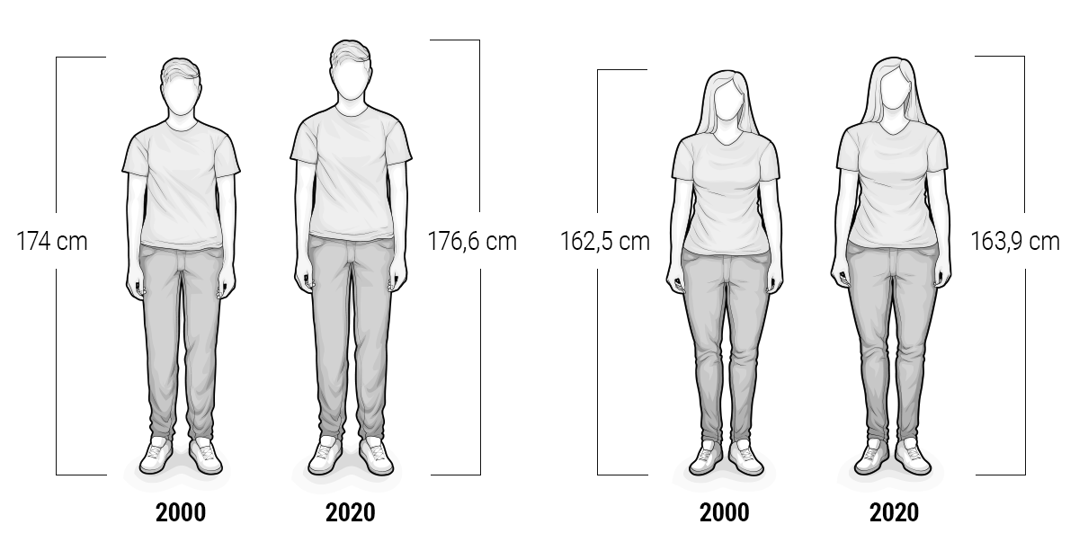 Illustration : deux homme debout. Texte : sous l'un le texte 2000 et à gauche 174 cm et sous l'autre 2024 et à sa droite 176,6 cm.  Deux femmes debout.  Texte 2020 et à gauche 162,5 cm et sous l'autre texte 2024 et à droite 163,9cm
