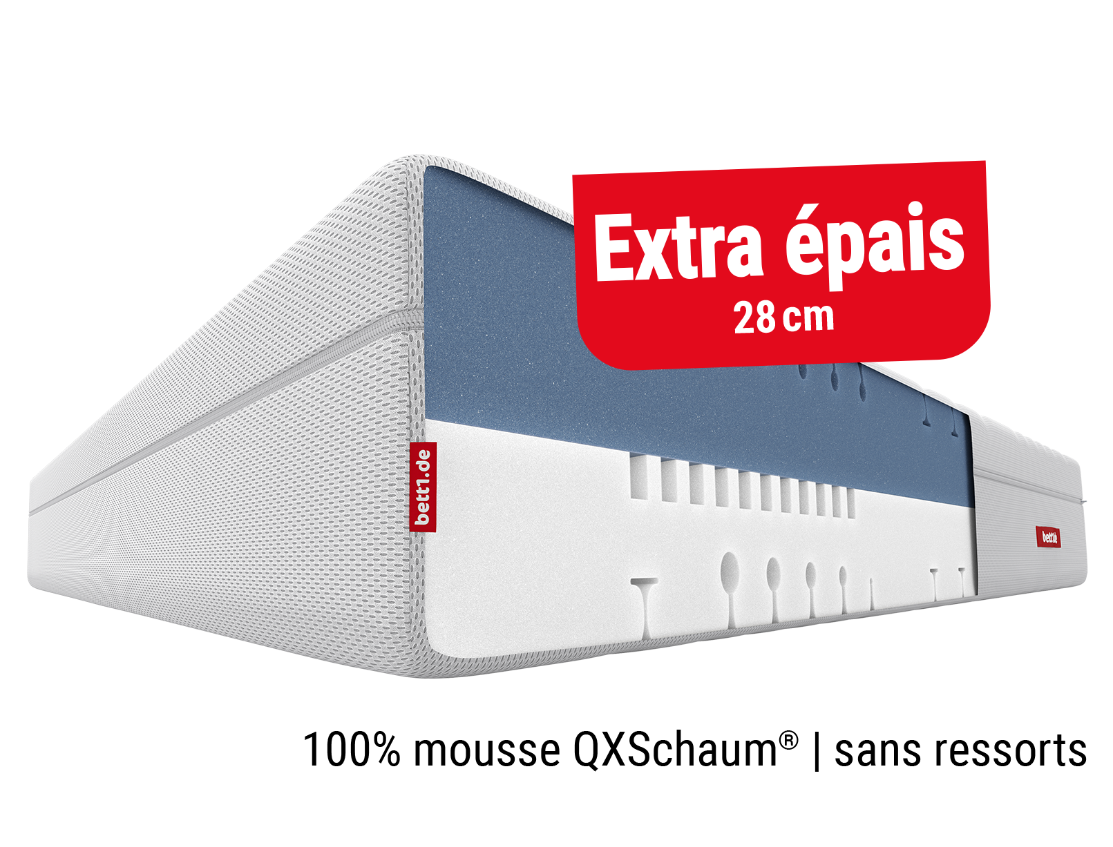 Image d’un Matelas Flip® en coupe, montrant sa structure en mousse sans ressorts, avec un bandeau rouge indiquant « 100 % mousse"