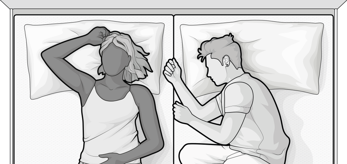 illustration : un couple dort dans un lit formé de deux matelas.