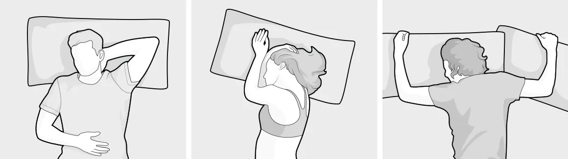 Illustration avec 3 personnes qui sont allongées dans un lit, la tête reposant sur un oreiller. Un homme dort sur le dos, une femme dort sur le côté et un homme dort sur le ventre. 