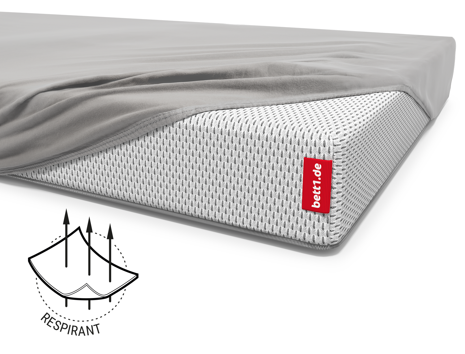 Le matelas pour enfants BODYGUARD® recouvert, à l'exception d'un coin, du drap-housse pour enfants en gris. Illustration du tissu traversé par trois flèches. Texte : respirant