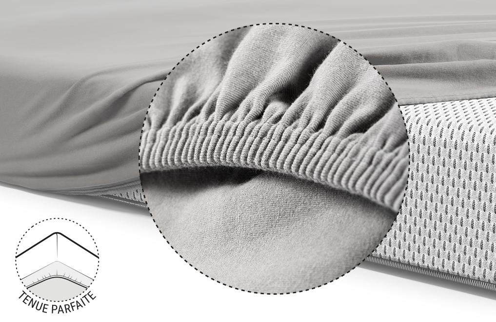 zoom sur l'élastique du drap-housse BODYGUARD pour enfant. Illustration : bonnet du drap housse qui recouvre le coin du matelas. Texte : tenue parfaite