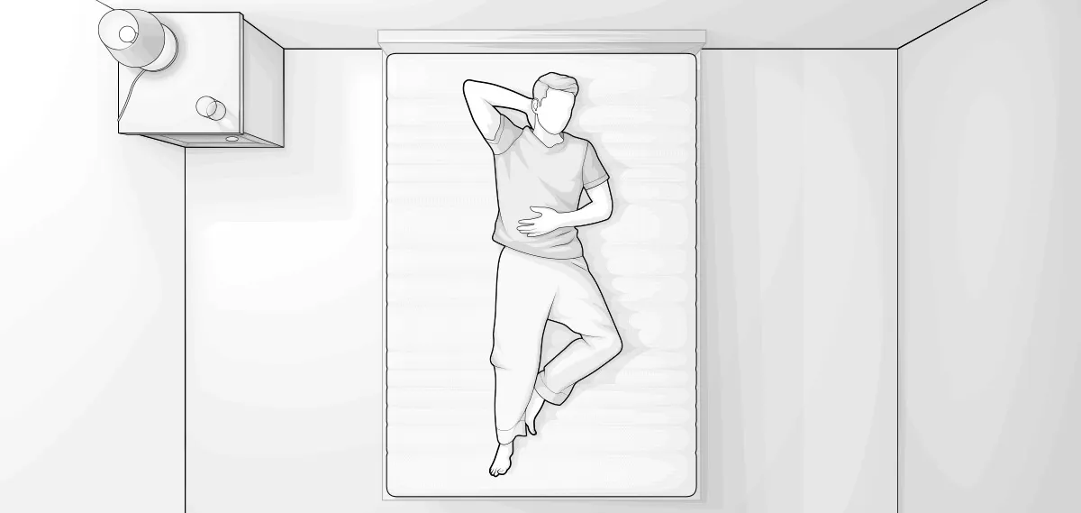 Dessin en vue de dessus d’un homme allongé sur un matelas BODYGUARD dans une chambre, illustrant l’espace occupé sur le lit. L’homme repose sur le dos, une jambe pliée et une main derrière la tête.