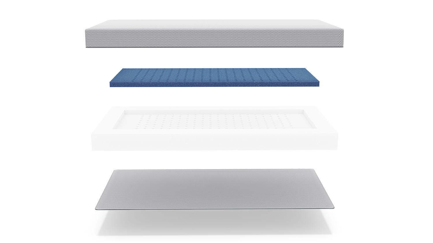 Matelas bébé SuperBreeze en quatre parties : en haut, la moitié de la housse, en dessous, la surface de couchage amovible au-dessus du support en mousse avec bord renforcé, en bas, l'autre moitié de la housse.