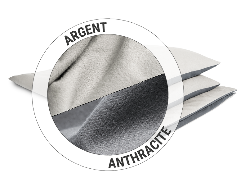 Le linge de lit en flanelle BODYGUARD® : une partie découpée montre le côté gris du tissu de flanelle, l'autre le côté anthracite. Texte : argent/anthraciteThe BODYGUARD® 