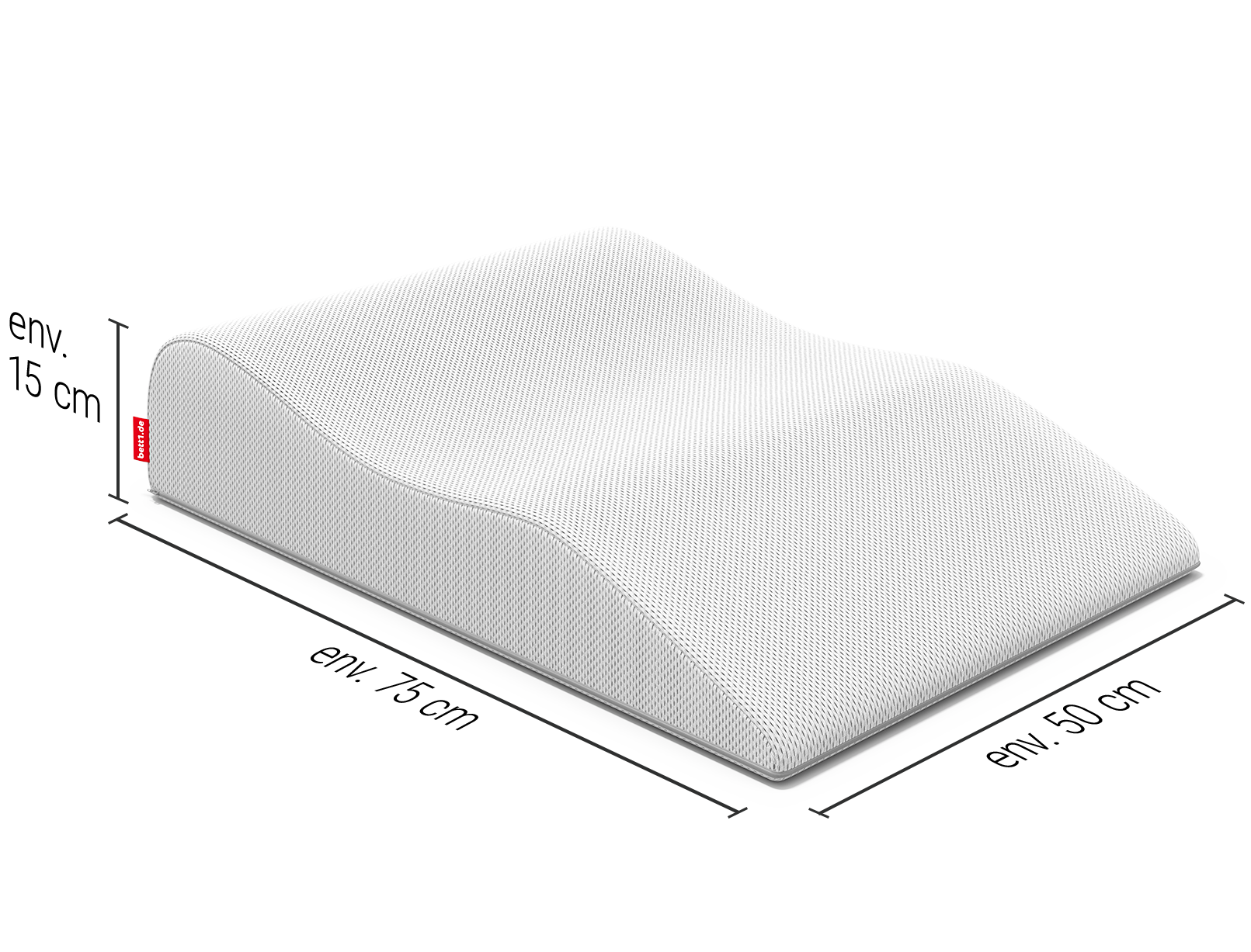 Repose-jambes BODYGUARD®, sur les côtés duquel sont inscrites les dimensions : 75 x 50 x 15 cm (L x l x H)