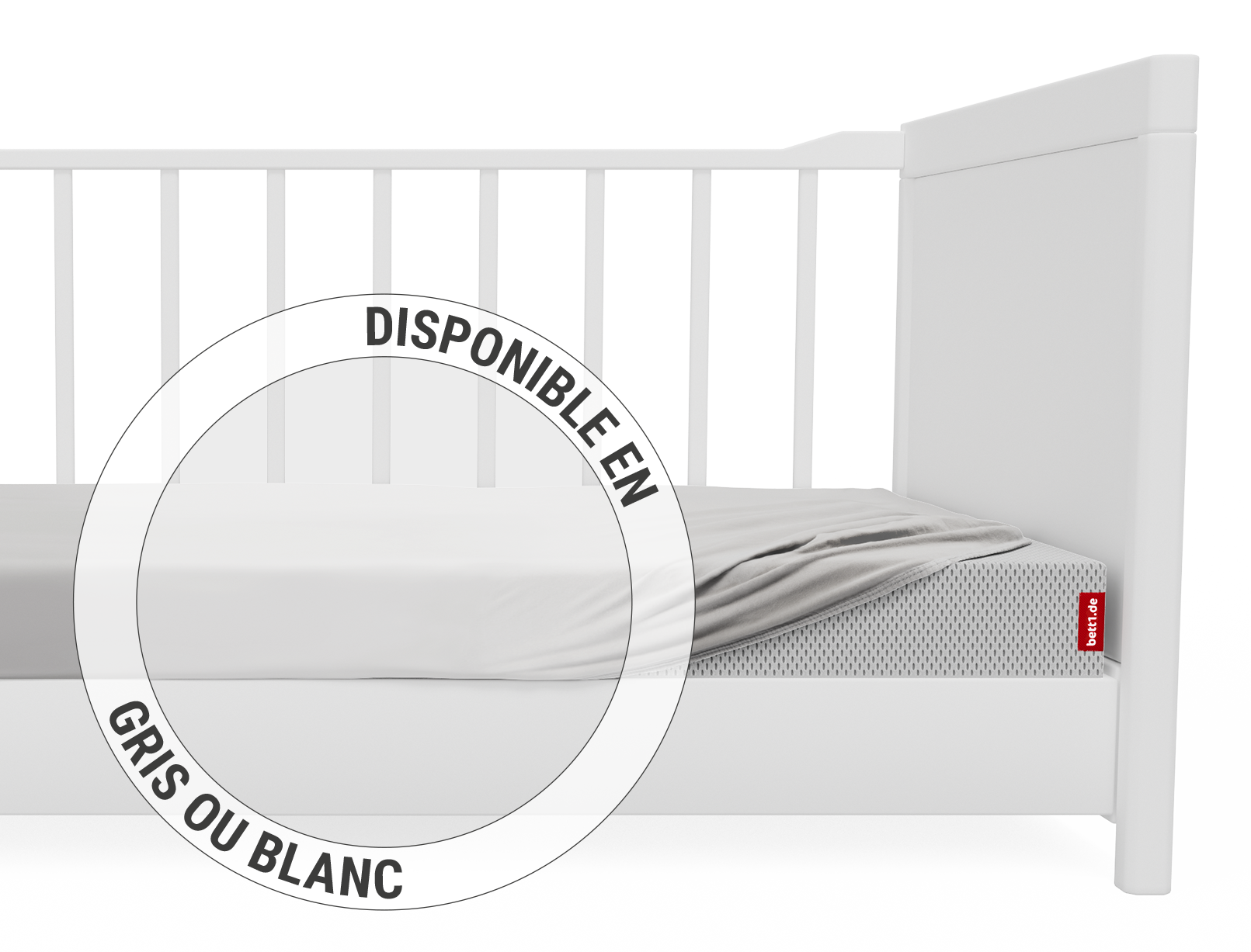 Le drap housse enfant BODYGUARD® tendu sur le matelas enfant BODYGUARD® dans un lit d'enfant. Zoom sur le drap dans sa version blanche. Texte : Disponible en gris ou blanc