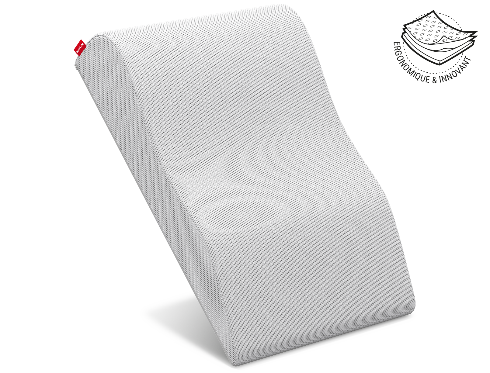 Repose-jambes BODYGUARD® est placé à la verticale et en équilibre sur son côté fin. À côté se trouve l'illustration de la housse du coussin en trois couches avec le texte : ergonomique et innovant.