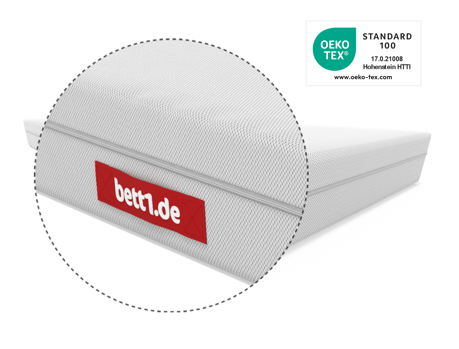 Zoom sur la anse rouge bett1.de sur la housse grise du matelas avec le label OEKO-TEX® visible à droite.