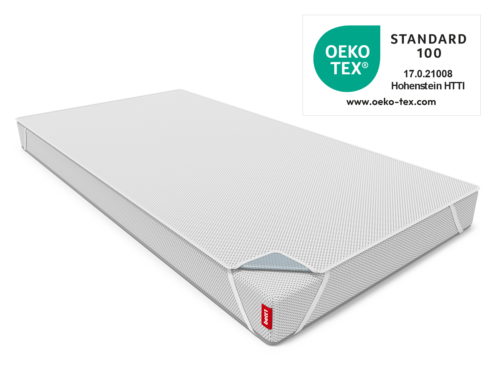  	 Alèse pour matelas enfant BODYGUARD® sur le matelas enfant BODYGUARD® avec les passants de maintien et le sceau Oeko-Tex® Standard 100 à côté.