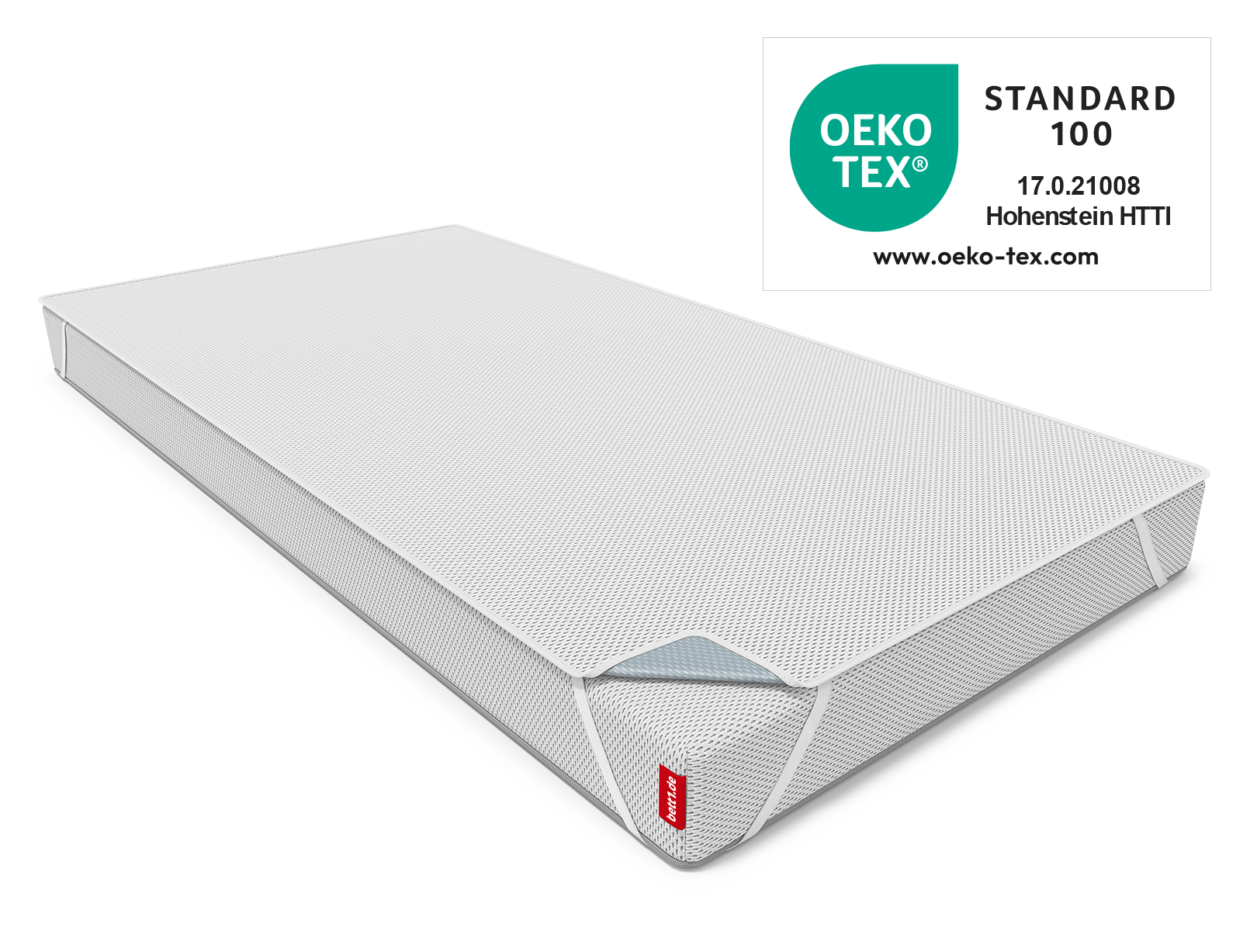  	 Alèse pour matelas enfant BODYGUARD® sur le matelas enfant BODYGUARD® avec les passants de maintien et le sceau Oeko-Tex® Standard 100 à côté.
