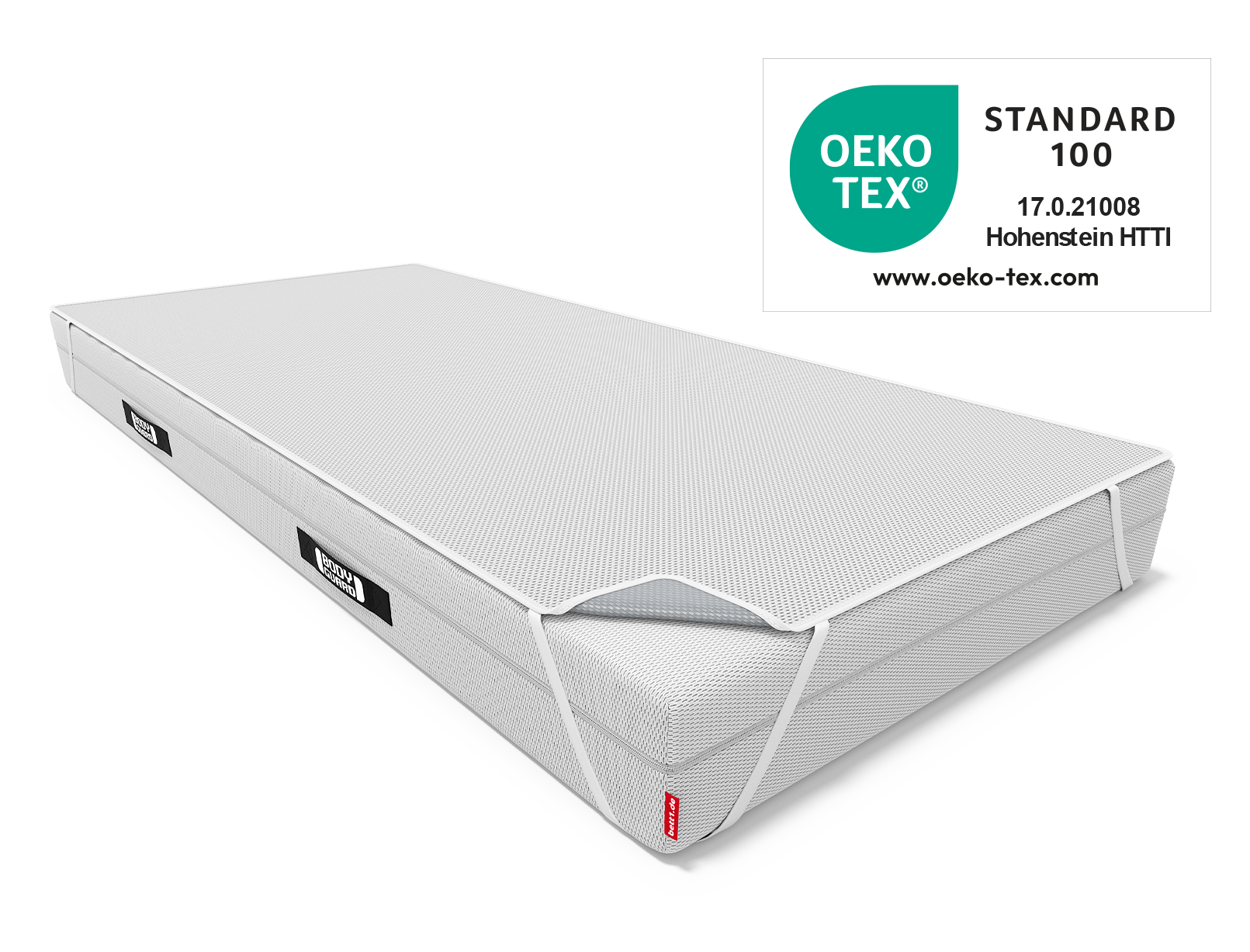 Alèse BODYGUARD® sLa protection contre l'incontinence BODYGUARD® est fixée sur le matelas BODYGUARD® à l'aide des sangles de fixation, à côté du label Oeko-Tex® Standard 100.